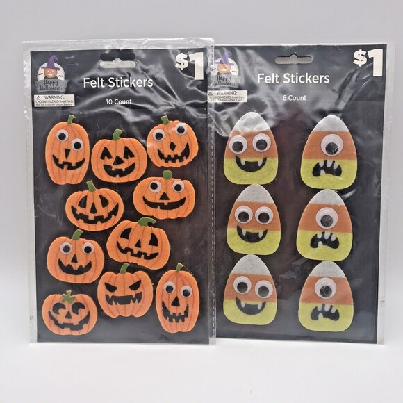 2 Jack O'Lantern Pumpkins & Candy Corn Halloween Googly Eye Felt Craft Stickers - Picture 2 of 6